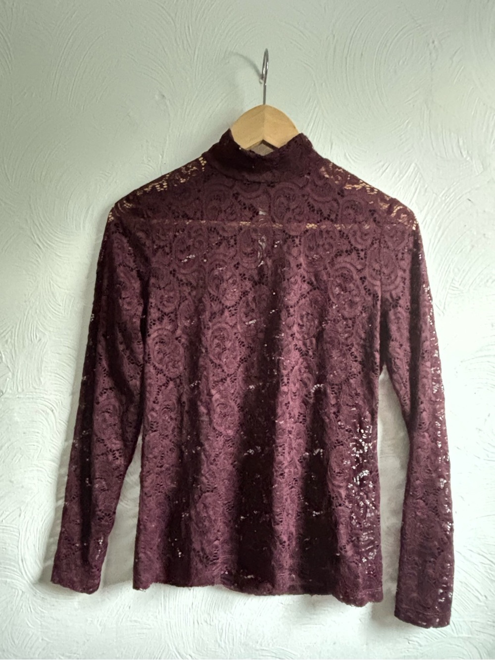 Reitmans Plum Lace Long-Sleeve Mock Neck Blouse